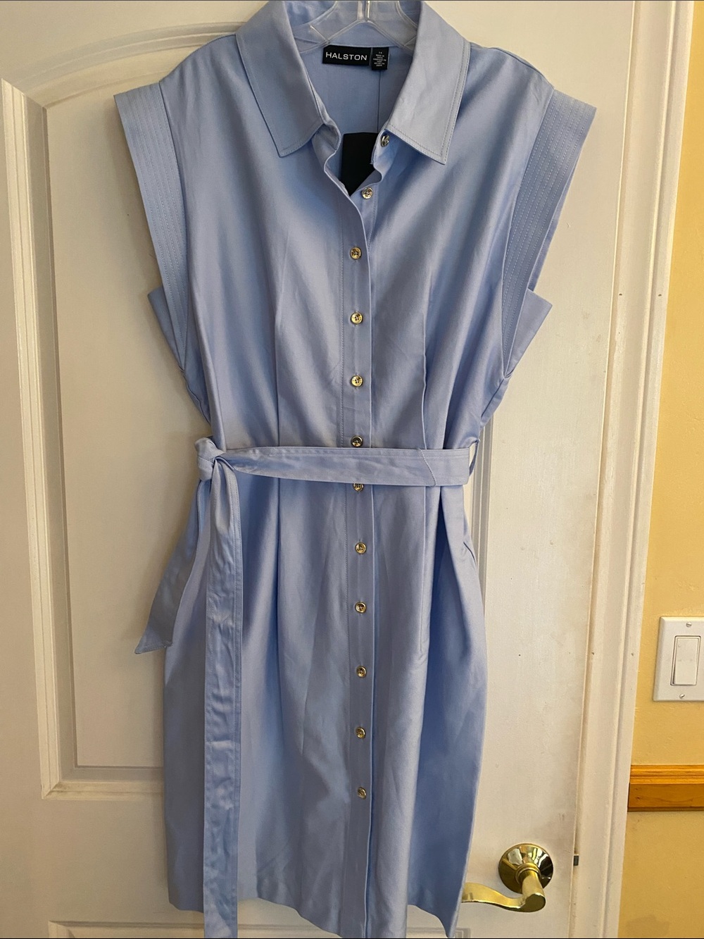 NWT Halston Cap-Sleeve Cotton Shirt Dress in Breeze Light Blue - Size 14